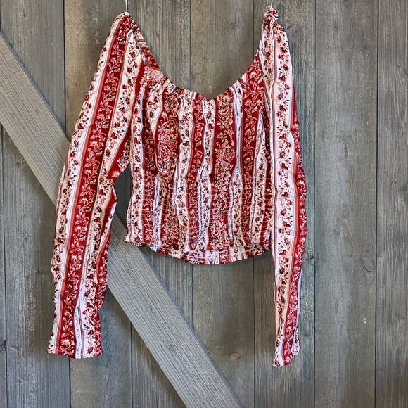 Japna Tops - off the shoulder crop top with red and white stripped floral details